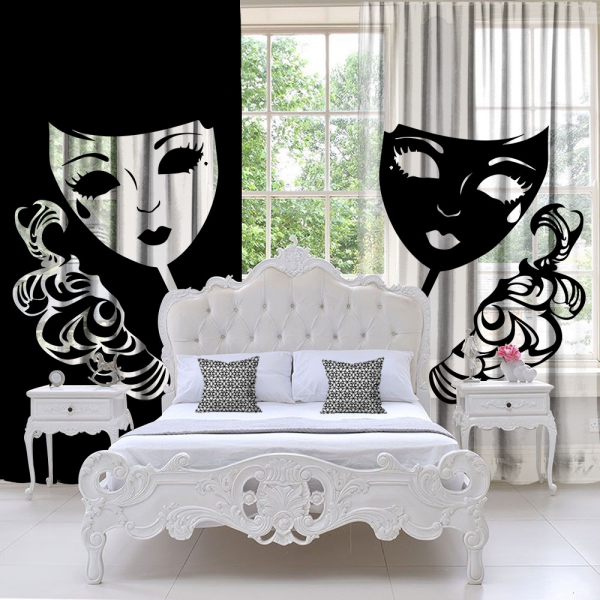 Women's Mask and Black and White Tulle Curtain 2 Pieces