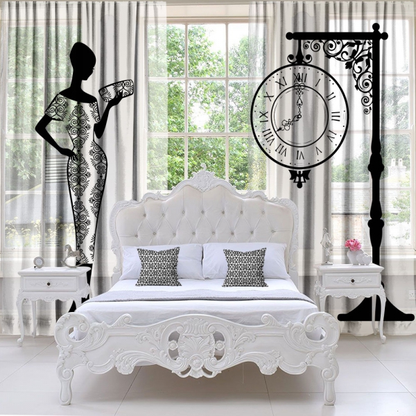 Elegant Woman and Street Clock Tulle Curtain 2 Pieces