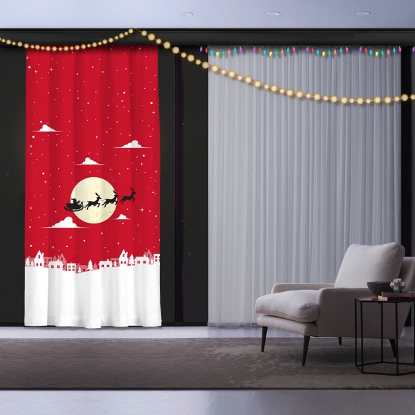 Red Background - Santa Claus and deers Christmas Curtain