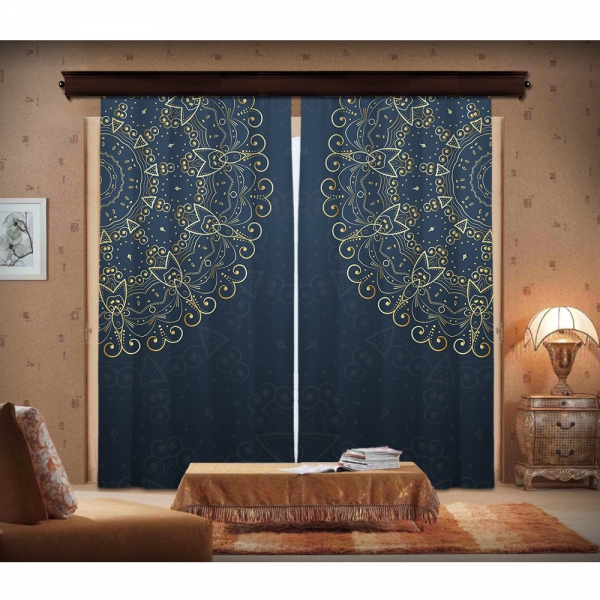 Navy Blue & Golden Mandala 2 Panel Curtain