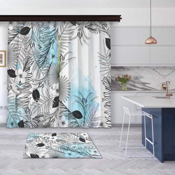 Modern Blue Summer Leaves 2 Pieces Panel Curtain
