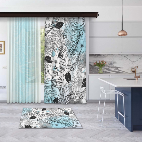 Modern Blue Summer Leaves Panel Curtain and Tulle Curtain Combine