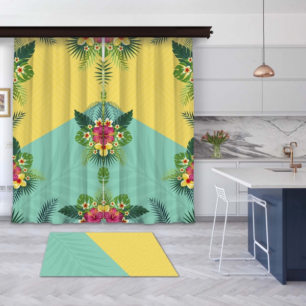Yellow-Mint Green Summer Flowers 2 Pieces Panel Curtain