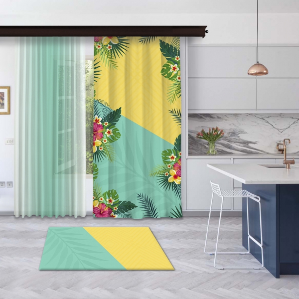 Yellow-Mint Green Summer Flowers Panel Curtain and Tulle Curtain Combine