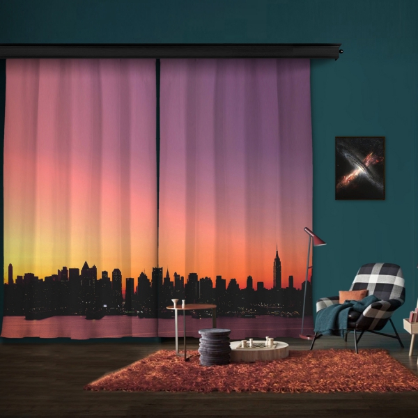Sunset Silhouette of City 2 Piece Panel Curtain