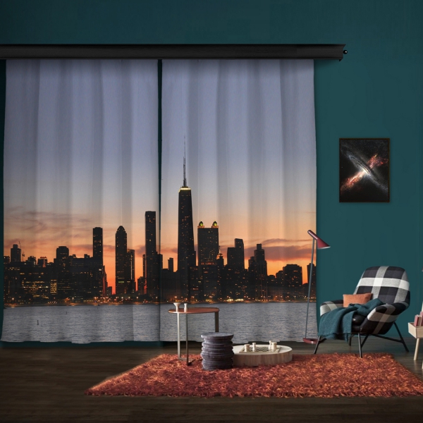 Sunset Silhouette of City Model 2 2 Piece Panel Curtain