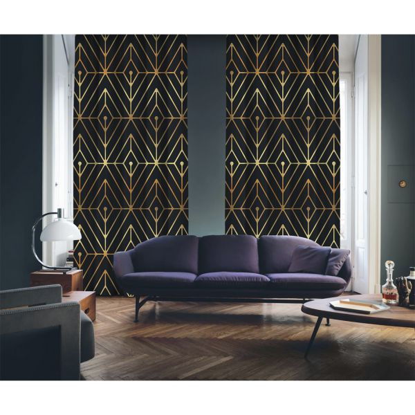 Art Deco No:1 Gold Light-Black 2 Panel Curtain