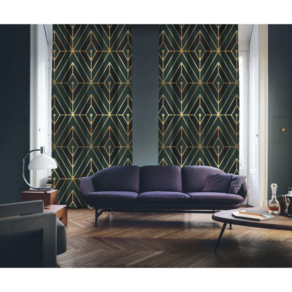 Art Deco No:1 Gold Light-Dark Green-Navy Blue 2 Panel Curtain
