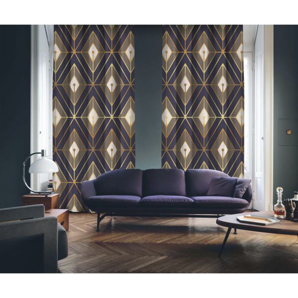 Art Deco No:1 Gold Light-Purple-Light Brown 2 Panel Curtain
