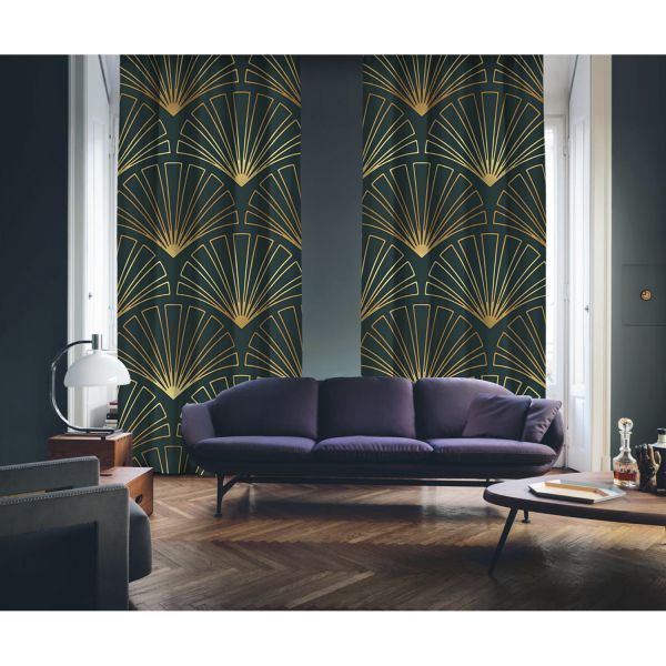 Art Deco No:3 Gold Light-Dark Green 2 Panel Curtain