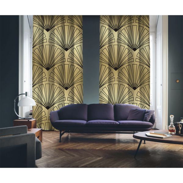 Art Deco No:3 Gold Background-Black 2 Panel Curtain