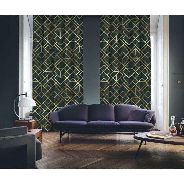 Art Deco No:4 Gold Light-Dark Green 2 Panel Curtain