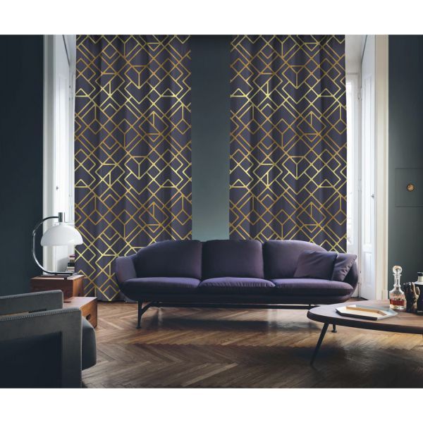Art Deco No:4 Gold Light-Purple 2 Panel Curtain