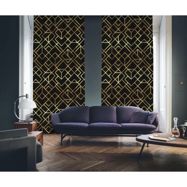 Art Deco No:4 Black Background-Gold Light 2 Panel Curtain