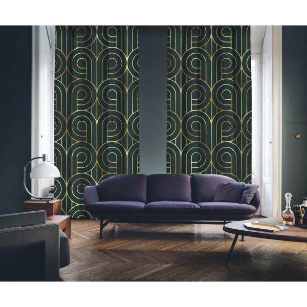 Art Deco No:5 Gold Light-Dark Green 2 Panel Curtain