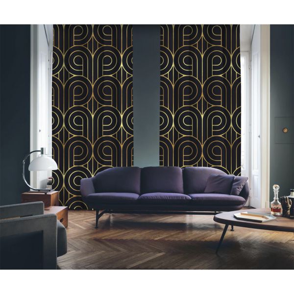 Art Deco No:5 Black Background-Gold Light 2 Panel Curtain