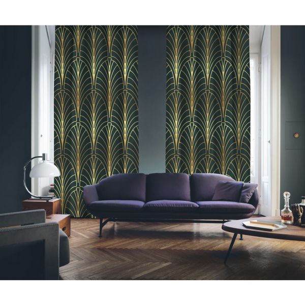 Art Deco No:6 Gold Light-Dark Green 2 Panel Curtain