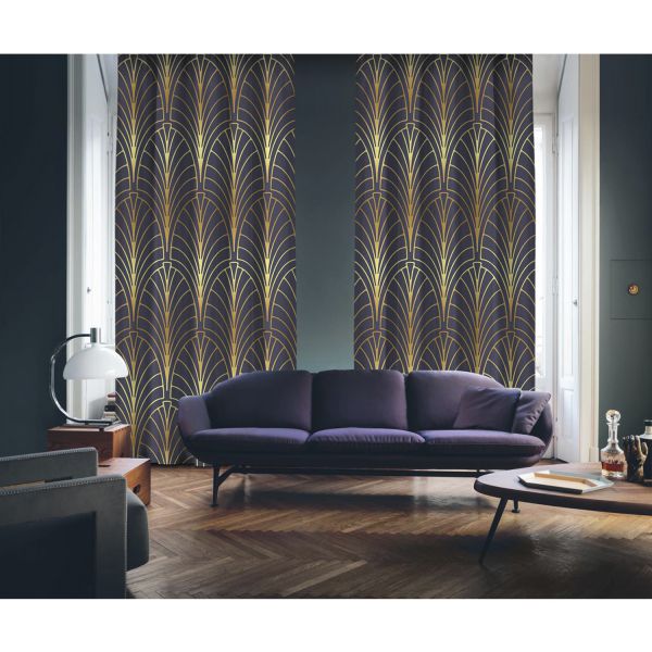 Art Deco No:6 Gold Light-Purple 2 Panel Curtain