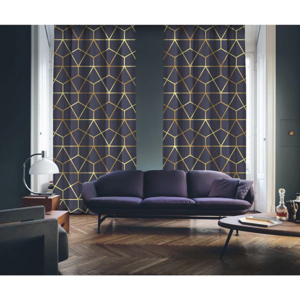 Art Deco No:7 Gold Light-Purple 2 Panel Curtain