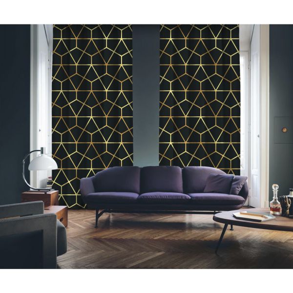 Art Deco No:7 Black Background-Gold Light 2 Panel Curtain