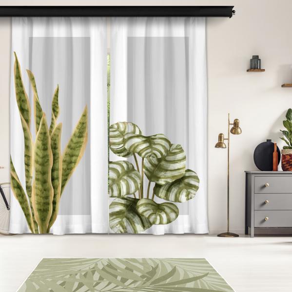 Plain Leaves and Gray Floor 2st Model 2 Piece Panel Curtain