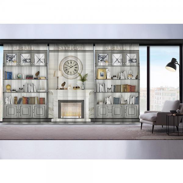 Grey Bookcase - Fireplace - Clock 3 Panel Curtain