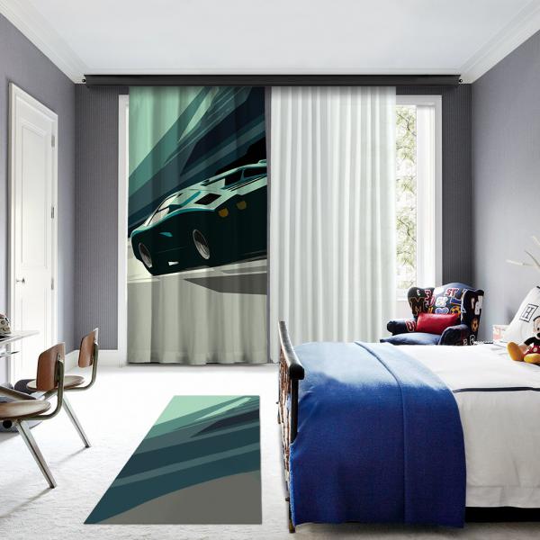 Green Car Illustrations One Piece Panel Curtain