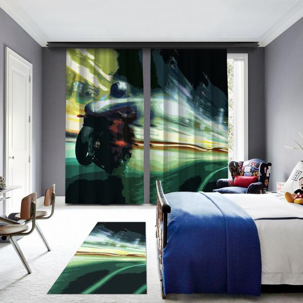 Green Motorcycle Illustrations 2 Panel Curtain