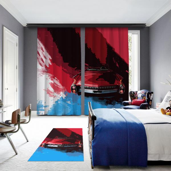 Blue-Red Classic Car 2 Panel Blackout Curtain