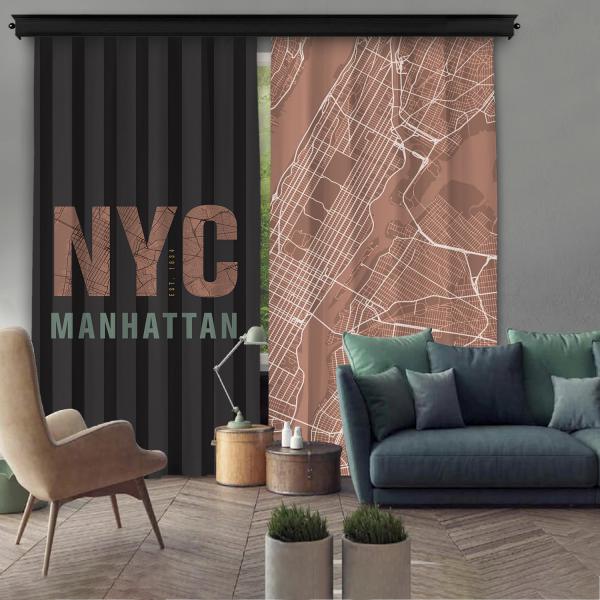 New York City-Manhattan Çift Kanat Fon Perde