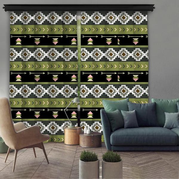 Green Ethnic Pattern 2 Piece Panel Curtain