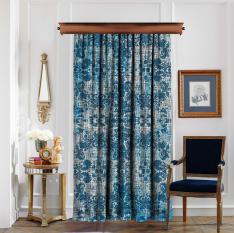 Damask Linen Pattern Grey & Blue Single Panel Curtain