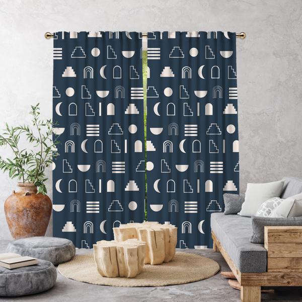 Decorative Geometric Pattern Single Panel Curtain-Navy Blue