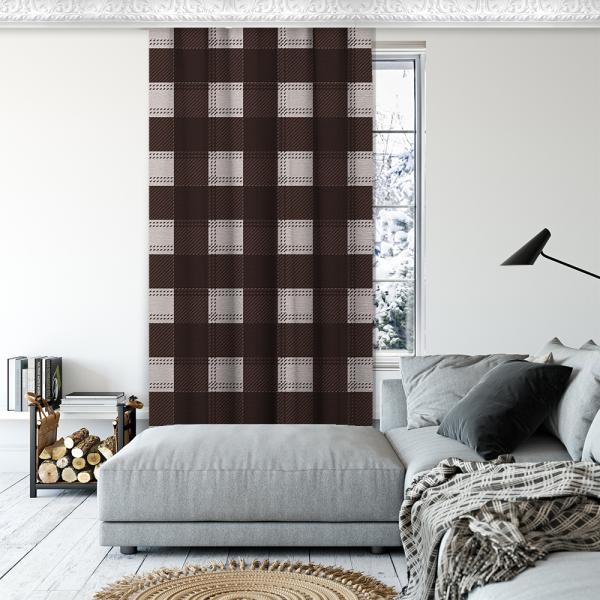 Plaid Pattern Decorative Curtain Single Panel-Brown
