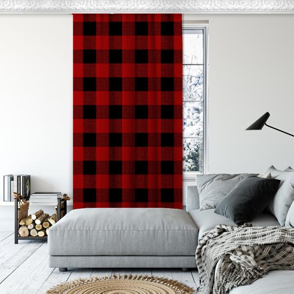 Plaid Pattern Decorative Curtain Single Panel-Red/Black