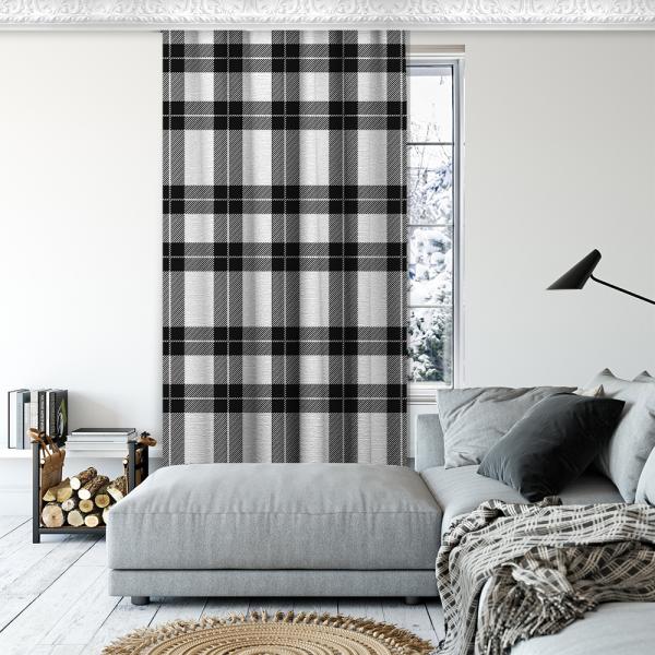 Plaid Pattern Decorative Curtain Single Panel-Black/White