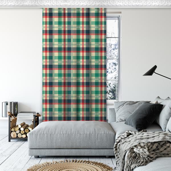 Plaid Pattern Decorative Curtain Single Panel-Green/Ecru