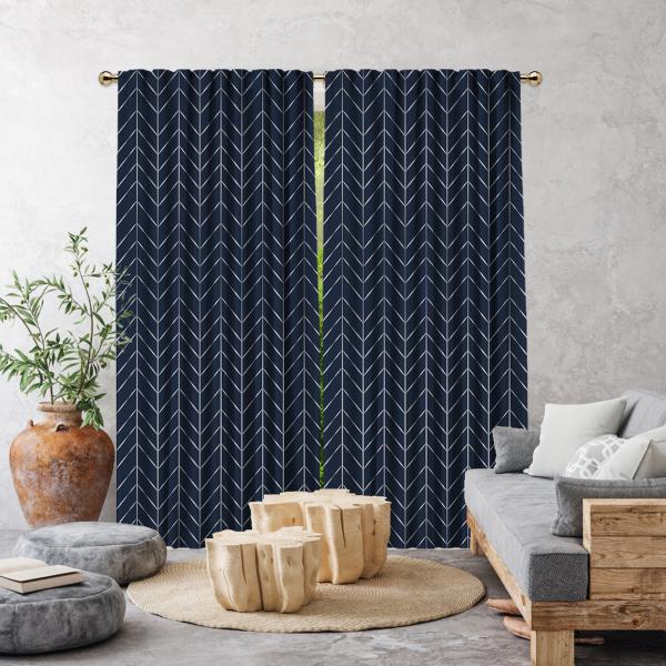Herringbone Boho Pattern Single Panel Curtain-Navy Blue