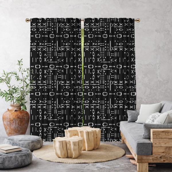 Ethnic Vectorial Mudcloth Single Panel Curtain-Black