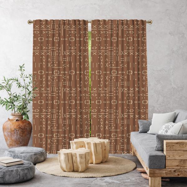 Ethnic Vectorial Mudcloth Single Panel Curtain-Dark Beige