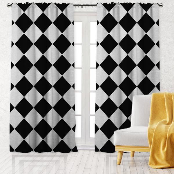Diagonal Checkers Pattern Single Panel Decorative Curtain-Black/White